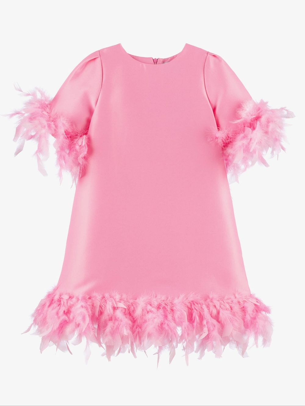 Mama Luma Girls Pink Satin Twill Dress with Feather Trim, Size 7/8Y